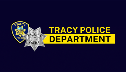Tracy Police Department logo featuring the department patch and silver police badge on a dark blue background